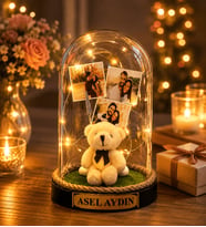 Kişiye Özel Yazılı ve 3 Fotoğraflı LED Işıklı Peluş Ayıcıklı Fanus Doğum Günü Hediyesi Sevgiliye Hediye