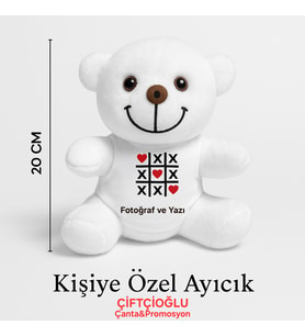 Kişiye Özel Fotoğraf ve Yazı Baskılı Sevgiliye Hediye 21cm Peluş Ayıcık (Beyaz)