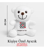 Kişiye Özel Fotoğraf ve Yazı Baskılı Sevgiliye Hediye 21cm Peluş Ayıcık (Beyaz)