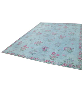 Mavi Halı Floral Motifli Vintage Tarzı El Dokuma Salon Halısı Pamuk Yün Karışımı