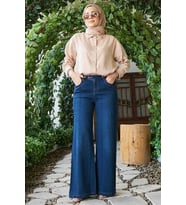 1067-Denim Bol Paça Pantolon Lacivert