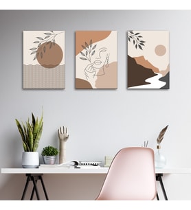 3'lü Bohem Kanvas Tablo Seti 3 - Modern Boho Duvar Dekoru - Geometrik ve Minimalist Çizgili 3 Parça Tablo