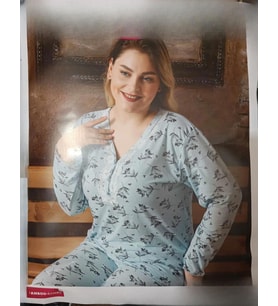 Sude Kadın Bambu Büyük Beden Uzun Kol V Yakası Nakışlı İnce Pijama Takımı P/4331- 1 Adet (Mavi)