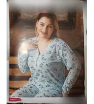 Sude Kadın Bambu Büyük Beden Uzun Kol V Yakası Nakışlı İnce Pijama Takımı P/4331- 1 Adet (Mavi)