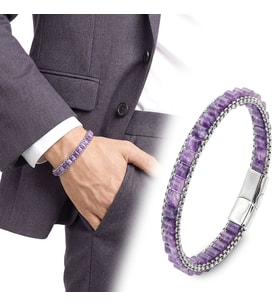 💎 Premium Ametist Doğal Taşlı Hasır Örgü Zincirli Erkek Çelik Bileklik 31832B28D16 - 20 cm
