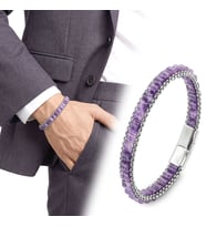 💎 Premium Ametist Doğal Taşlı Hasır Örgü Zincirli Erkek Çelik Bileklik 31832B28D16 - 20 cm