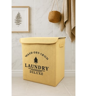 Laundry Baskılı Kapaklı Jüt Çamaşır Kirli Kıyafet Kutusu Büyük Boy 30 x 40 x 50 (Standart)