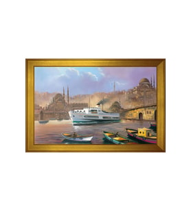 Yeni Camii ve Adalar Boğaziçi Vapuru Motifli Kanvas Tablo 80 x 110 cm Gold Çerçeve