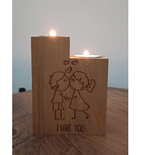 Aşk Motifli Dekoratif Ahşap İkili Mumluk ve Hediye İki Adet Mum