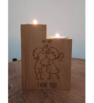 Aşk Motifli Dekoratif Ahşap İkili Mumluk ve Hediye İki Adet Mum