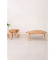 Asimetrik Masif Doğal Ahşap Orta Sehpa ve 2'li/3'lü Zigon Sehpa Set, Modern Masif Yan ve Orta Sehpa (Açık Kahverengi)