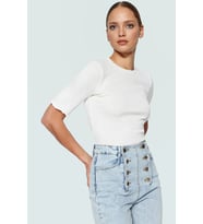 Pamuklu Polyester Elastan Karışımlı Fitted Bluz Bisiklet Yaka Kısa Kollu Yıkamalı