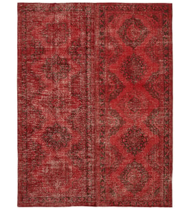 Kırmızı Halı Gri Eskitme Görünümlü Klasik El Dokuma Salon Halısı Göbekli Madalyon Desenli Vintage