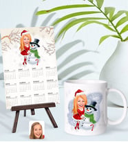 BK Gift Kişiye Özel Kadın Yılbaşı Karikatürlü Kupa Bardak ve 13x18cm Fotoğraf Kartlı Şövaleli 2024 Takvim Hediye Seti-2