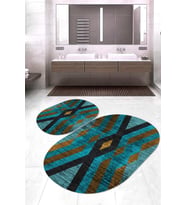 Dijital Baskılı Kaymaz Taban Yıkanabilir Oval 2'li Klozet Takımı Banyo Paspası NOKZ-SD-282 (Mavi)