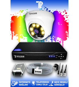 PICAM 1 Kameralı Dome 1 İç Kamera Set HDD'siz Full HD Renkli Gece Görüşlü Güvenlik Kamerası Sistemi
