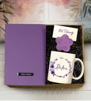 Kişiye Özel Mor Defter & Kişiye Özel Baskılı Kupa & Dekoratif Not Tutucu Hediye Seti
