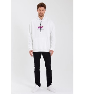 Erkek 3 İplik Pamuklu Kapüşonlu Baskılı Cepli Oversize Sweatshirt Hoodie - Beyaz
