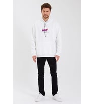 Erkek 3 İplik Pamuklu Kapüşonlu Baskılı Cepli Oversize Sweatshirt Hoodie - Beyaz