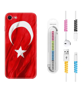 Apple iPhone 5 6 7 8 Plus Se XR Kılıf Kablo Koruma Spiral Silikon Şanlı Türk Bayrağı 4 1401