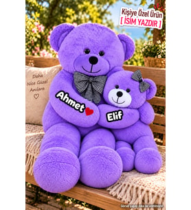 2’li Kişiye Özel İsimli Anneli ve Yavrulu Peluş Ayı Seti – 80 cm Büyük Peluş Ayı ve 50 cm Küçük Peluş Ayıcık