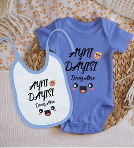 BK Kids Kişiye Özel İsimli Mavi %100 Pamuklu Kısa Kol Bebek Body Zıbın ve Mama Önlüğü Hediye Seti-11