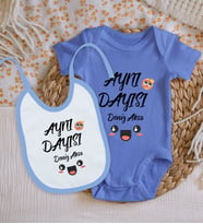 BK Kids Kişiye Özel İsimli Mavi %100 Pamuklu Kısa Kol Bebek Body Zıbın ve Mama Önlüğü Hediye Seti-11