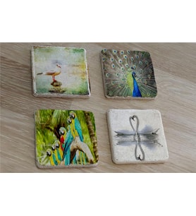 Martı Tavuskuşu Papağanlar Kuğular Doğal Taş Bardak Altlığı 4'lü set - Natural Stone Coasters