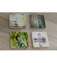 Martı Tavuskuşu Papağanlar Kuğular Doğal Taş Bardak Altlığı 4'lü set - Natural Stone Coasters