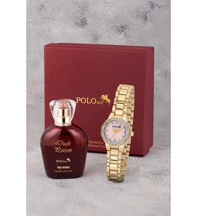 Polo Air Zarif Lüx Taşlı Kadın Kol Saati Ve 55 ml Parfüm Bordo Kutsunda Set Gold Pembe Renk ST-2190S4