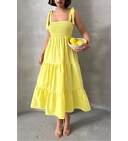 kadın sarı askılı poplin kumaş yazlık elbise NBG091