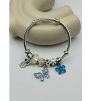 Çelik Silver Taşlı Baykuş Kelebek Mavi Çiçek Charmlı Pandora Bileklik - 26blk60