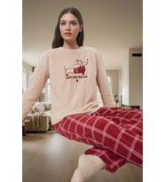 Kadın Kışlık Polar Pijama Takımı Ekose Desenli Uzun Paça Günlük Kullanım İçin Seçkin Malzeme (Somon)