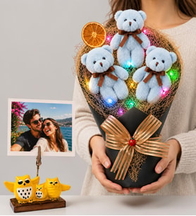 Kişiye Özel Fotoğraflı Renkli Led Işıklı Peluş Ayıcık Buketi (Mavi) ve Baykuş Fotoğraf Tutucu