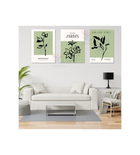 3'lü Set Kanvas Tablo Minimalist Yeşil Siyah Botanik Oturma Odası Tablosu Kanvas Tablo