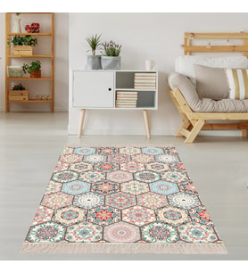 Kilim Desenli Etnik Dijital Baskı Yıkanabilir Kaymaz Taban Modern Salon Halı ve Yolluk (Bej)