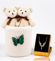Peluş Saksıda Peluş Ayıcık Buketi ve Mikail Meleği Kolye Kadına Sevgiliye Arkadaşa Hediye Seti