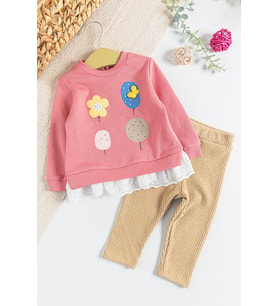 Güpür Detaylı 2'li Kız Bebek Takım (Pembe)