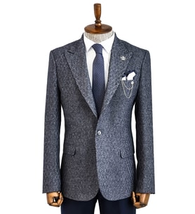 Kendinden Desenli Slim Fit Yün Erkek Lacivert Ceket - Wessi