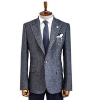 Kendinden Desenli Slim Fit Yün Erkek Lacivert Ceket - Wessi