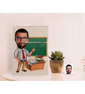 BK Gift Kişiye Özel Erkek Öğretmen Karikatürlü Otantik Masaüstü Ahşap Palet Çerçeve-1 (Beyaz)