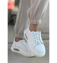 Günlük Kadın Sneaker Örgü Bağcıklı Hafif Kalın Yüksek Balon Taban Yürüyüş Spor Ayakkabı 5750 (Ekru)