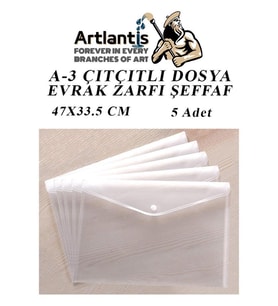 A3 Çıtçıtlı Dosya Şeffaf 5 Adet A-3 Çıtçıtlı Zarf Dosya Transparan 47x33.5 cm Büyük Boy Çıtçıtlı Dosya