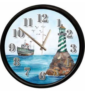 Deniz Feneri ve Balıkçı Teknesi Temalı Dekoratif Duvar Saati 28 Cm Sessiz Mekanizma