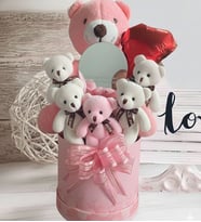 Premium Mesajlı Ayna ve Kalpli Kutuda Pembe Delüxe Peluş Ayıcık Buketi – Romantik Hediye Seti