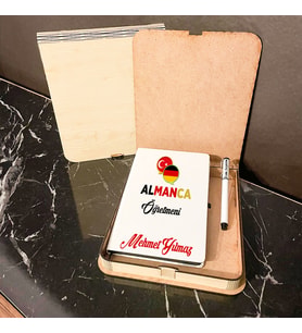 Almanca Öğretmenine Hediye Ahşap Kutulu Defter Kalem Set 001