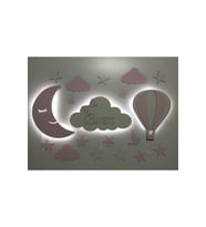 Çocuk Odası Ahşap Ay, Bulut ve Balon Temalı Led Gece Lambası (Krem)