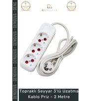 #Uzatma Beyaz Topraklı Çocuk Korumalı Seyyar Grup Kablolu Dayanıklı 3'lü Uzatma Kablo Priz 2 Metre