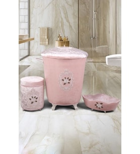 Shems Pudra 3'lü Çeyizlik Dantelli Banyo Kirli Çamaşır Sepeti Seti  Banyo Seti
