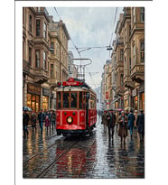 Kırmızı Tramvay İstiklal Caddesi Yağmur Dekoratif Kanvas - Mdf Ahşap Tablo